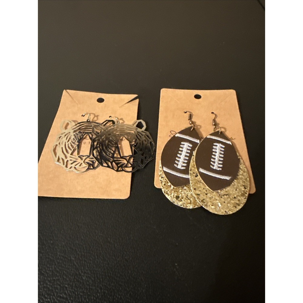 Football Season Earrings 2-pair Footballs With Gold Glitter Back Silver Tiger's
